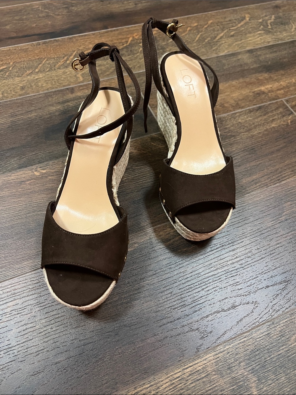 LOFT Dark Brown Suede Espadrille Wedge Sandals with Ankle Tie